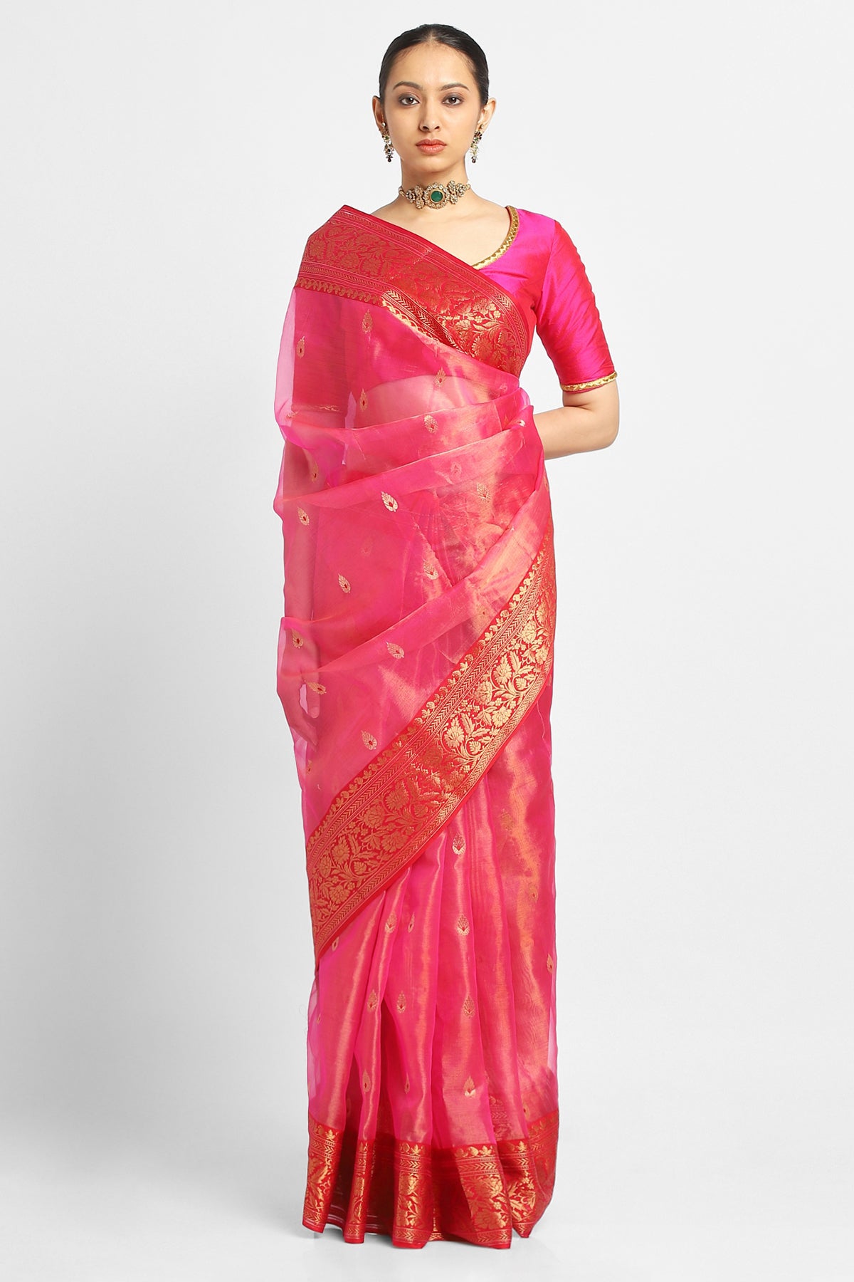 Red Pink Color Pink and Red Silk Tissue Chanderi Saree – Via East