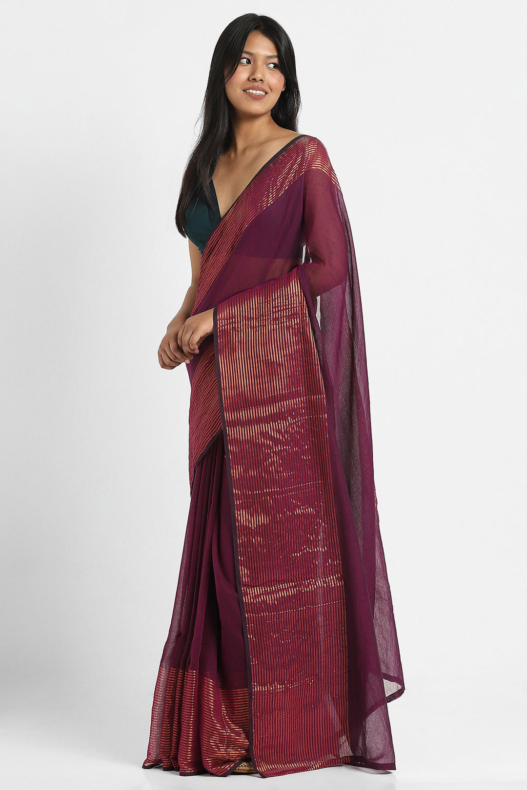 Plum Cotton Saree with Striped Border – Via East