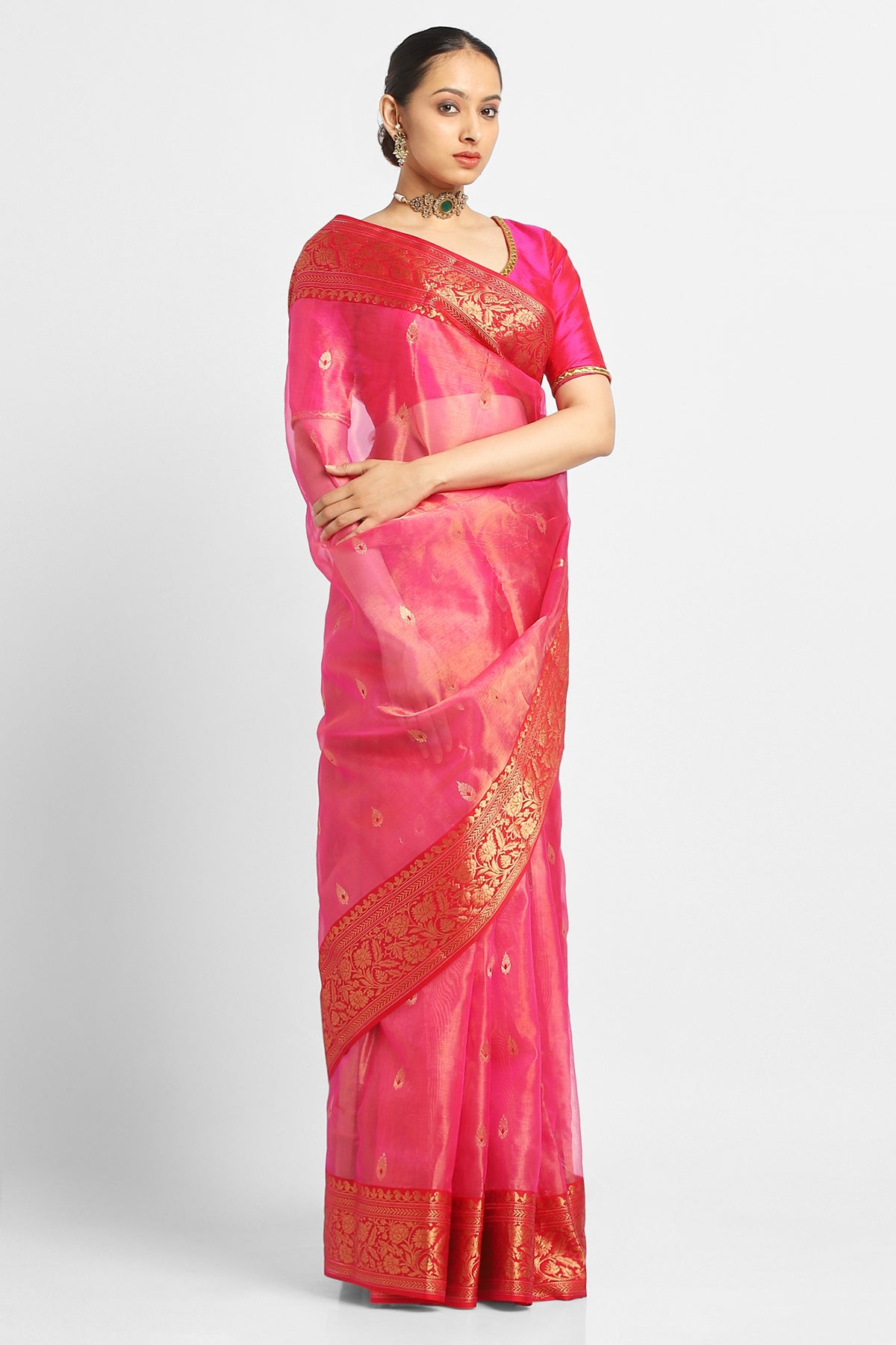 Red Pink Color Pink and Red Silk Tissue Chanderi Saree – Via East