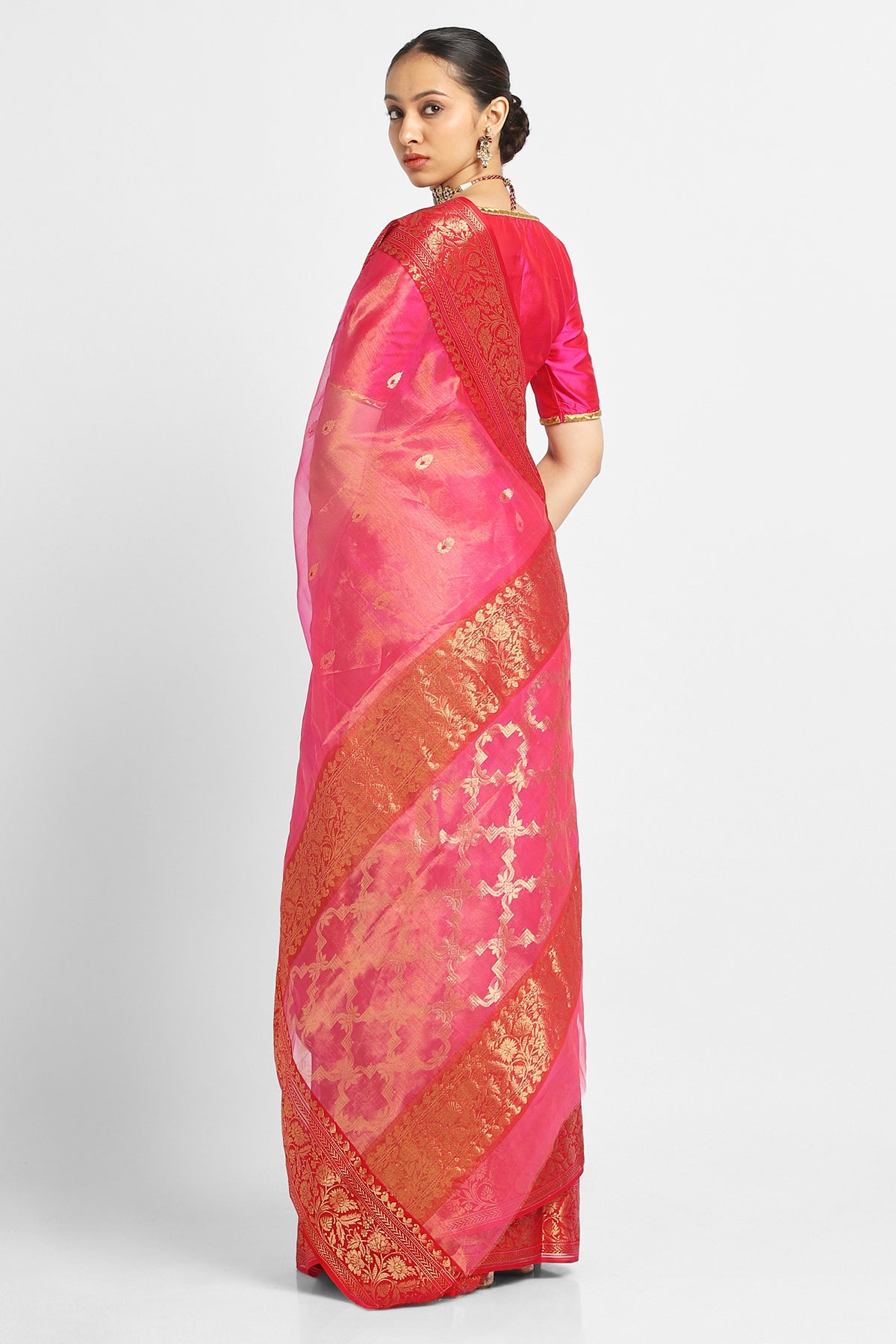 Red Pink Color Pink and Red Silk Tissue Chanderi Saree – Via East