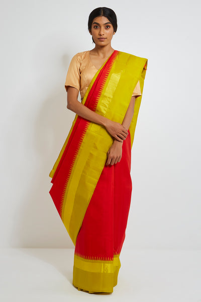Via East red genuine handwoven kanjeevaram silk saree with pure zari and temple border 1