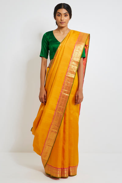 Via East saffron genuine handwoven kanjeevaram silk saree with pure zari border