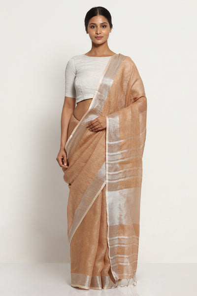 Via East mocha brown pure linen saree with silver zari border and striking blouse