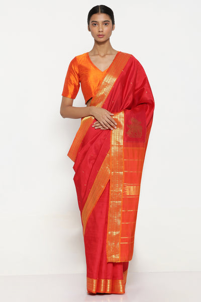 Via East scarlet red handloom pure silk kanjevaram saree with all over zari motifs and traditional gold zari border