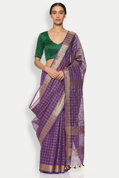 Via East copy of deep violet pure linen saree with all over checked pattern