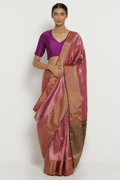 Via East pink handloom pure silk banarasi saree with all over intricate gold zari motifs     