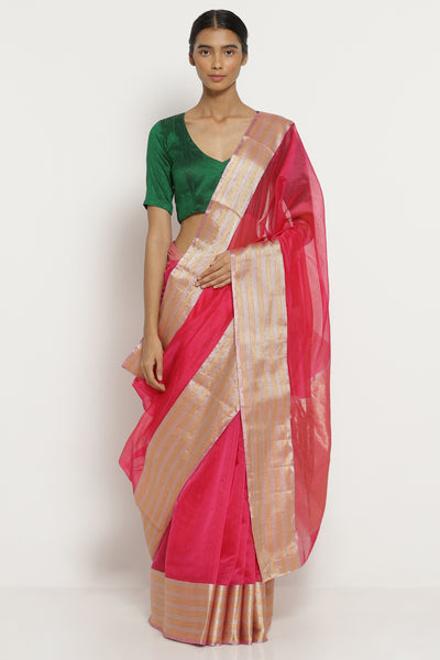Via East bright pink handloom silk cotton chanderi saree with silver gold border 