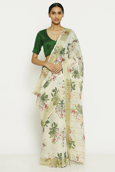 Via East ivory white pure linen saree with all over floral print and gold zari border 