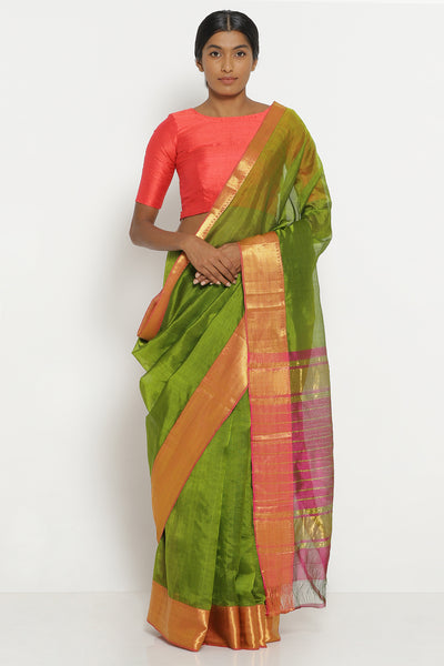 Via East leaf green handloom silk cotton mangalagiri saree with contrasting pink border