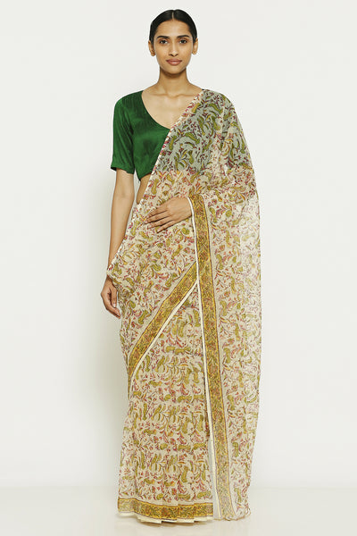 Via East white handloom pure kota cotton saree with traditional sanganeri print 