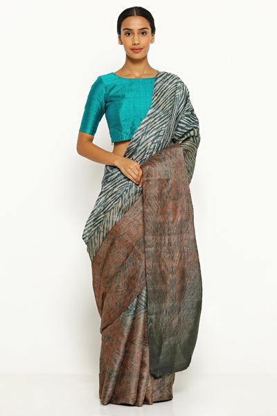 Via East brown grey pure tussar silk saree with all over traditional hand dyed shibori print