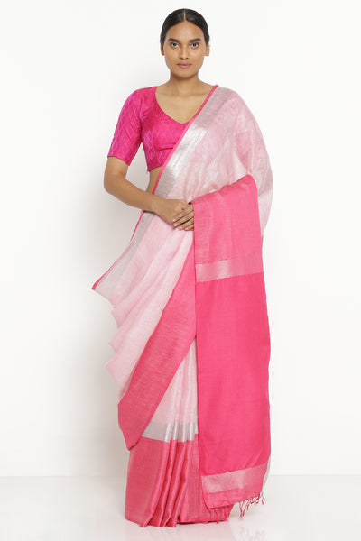 Via East powder pink pure linen saree with pink and silver zari border