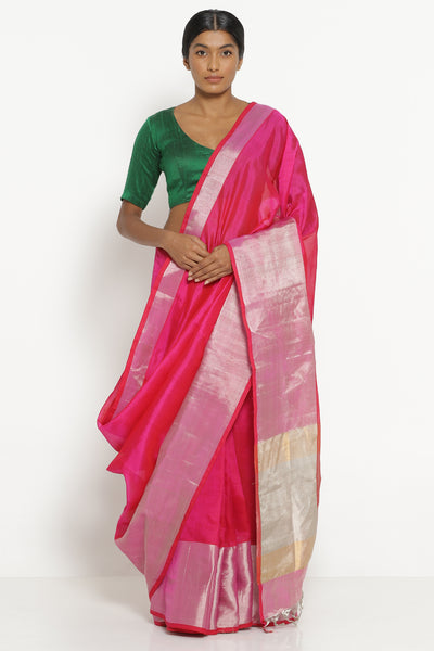 Via East bright pink handloom silk cotton mangalagiri saree with rich silver border