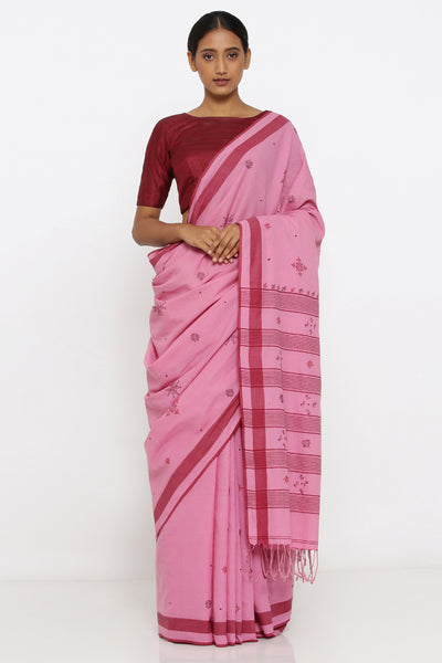 Via East pink handloom pure cotton saree with traditional sujini embroidery and detailed pallu