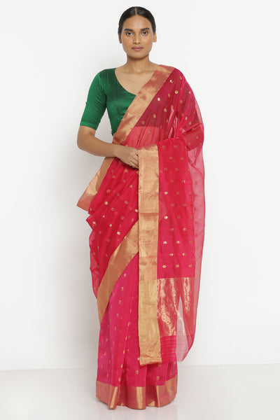 Via East pink handloom pure silk cotton chanderi saree with all over gold motifs