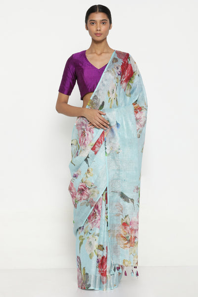 Via East sky blue pure linen saree with all over floral print and silver tissue border
