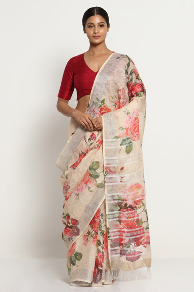 Via East dull beige pure linen saree with all over floral print and silver zari border