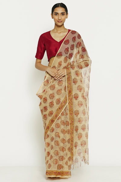 Via East dusty brown handloom pure kota cotton saree with traditional sanganeri print 