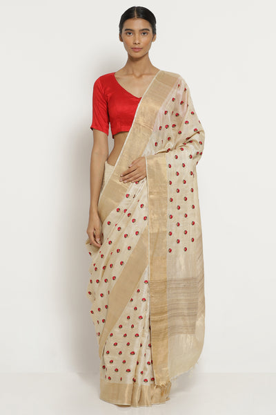 Via East cream handloom pure tussar silk saree with all over floral embroidery       