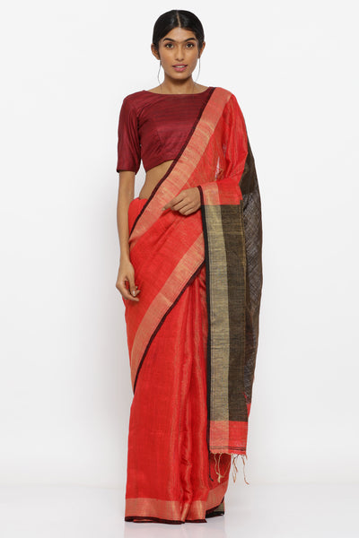 Via East orange handloom pure matka silk tissue saree with brown woven border