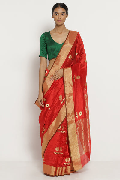 Via East red handloom pure silk chanderi saree with all over zari motifs 