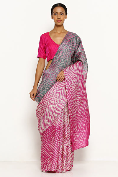 Via East pink grey pure tussar silk saree with all over traditional hand dyed shibori print