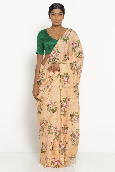 Via East peach handloom silk cotton saree with all over digital floral print