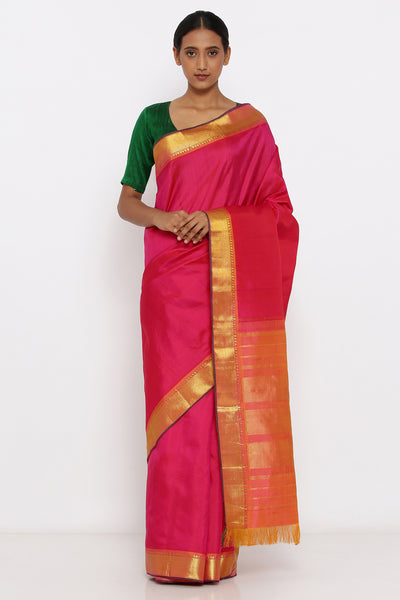Via East pink genuine handloom kanjeevaram silk saree with zari border and orange pallu