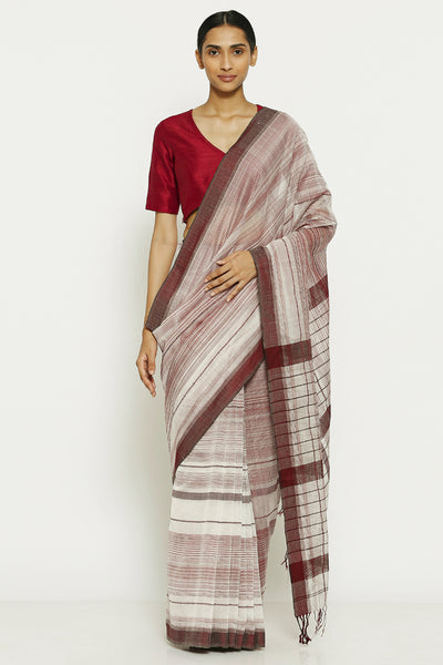 Via East white maroon pure cotton tissue maheshwari saree with all over striped pattern 