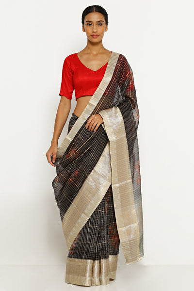 Via East black pure silk organza saree with floral print and all over zari checks