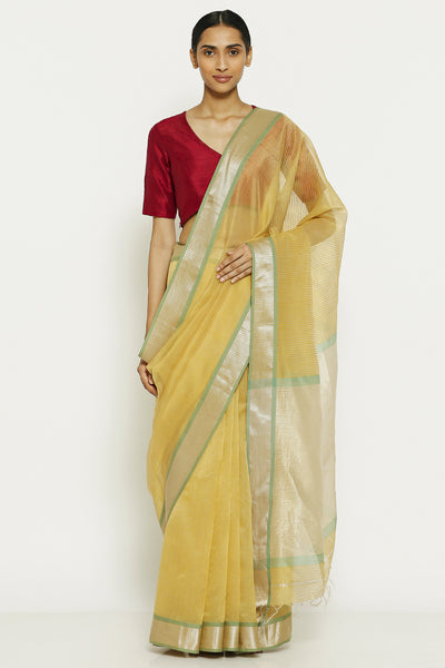 Via East summer yellow handloom pure cotton tissue maheshwari saree with all over striped pattern 