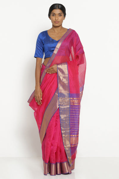 Via East pink handloom silk cotton mangalagiri saree with contrasting blue border