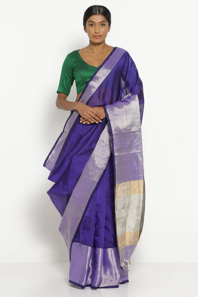 Via East purple handloom silk cotton mangalagiri saree with rich silver border