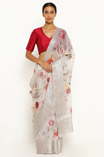 Via East grey pure silk kota saree with all over floral print