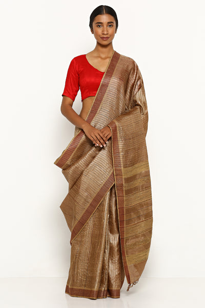 Via East brown handloom pure tussar silk saree with woven stripes