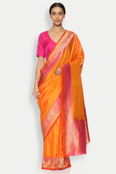 Via East copy of orange handloom pure silk banarasi saree with all over gold zari motifs
