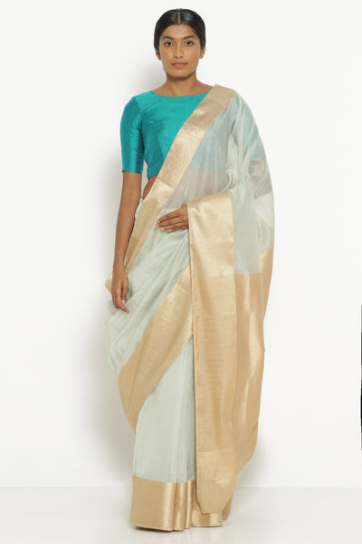 Via East mist green handloom silk cotton chanderi saree with rich gold border