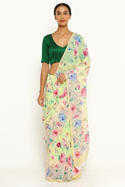 Via East yellow green pure wrinkled chiffon saree with all over floral print