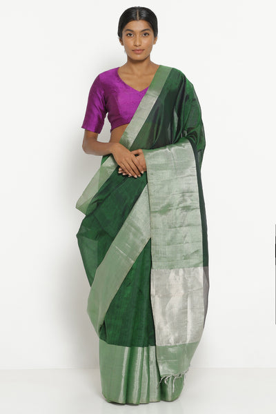 Via East deep green handloom silk cotton mangalagiri saree with rich silver border