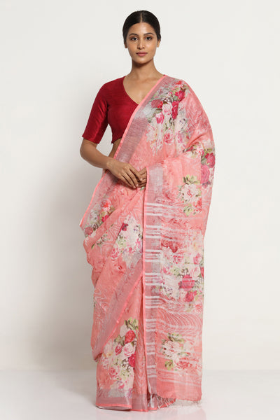 Via East dusty pink pure linen saree with all over floral print and silver zari border