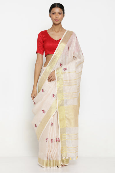 Via East beige handloom pure linen saree with all over floral motifs and striking gold tissue border