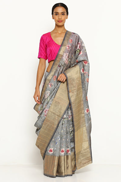 Via East grey pure dupion chinon silk saree with all over floral print