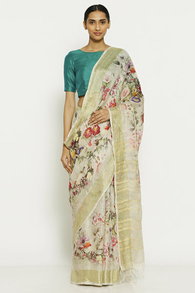 Via East cream pure linen saree with all over floral print and gold zari border 