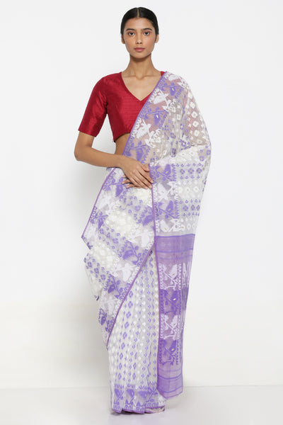Via East white cotton dhakai jamdani saree with lavender self weave motif and traditional pallu