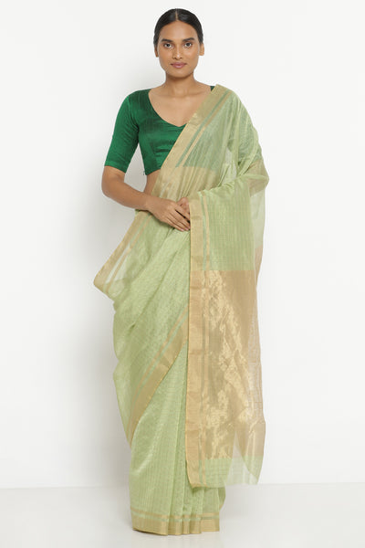 Via East sage green handloom pure silk cotton chanderi saree with all over gold zari checks