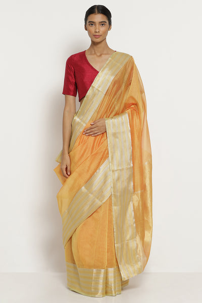 Via East sandalwood orange handloom silk cotton chanderi saree with silver gold border