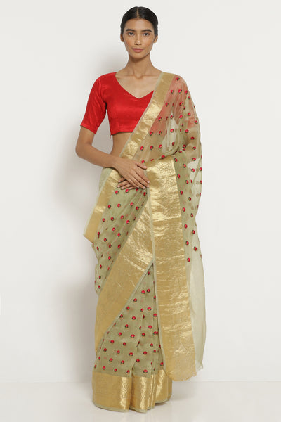 Via East leaf green handloom pure silk organza saree with all over floral embroidery      