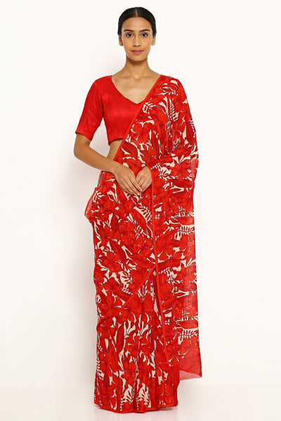 Via East white pure wrinkled chiffon saree with all over red floral print