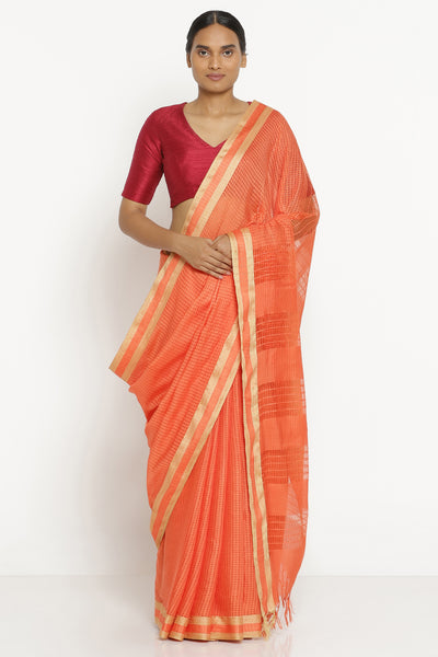 Via East orange handloom pure cotton kota saree with all over checked pattern