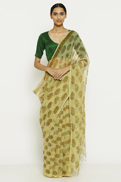Via East pale yellow handloom pure kota cotton saree with traditional sanganeri print 